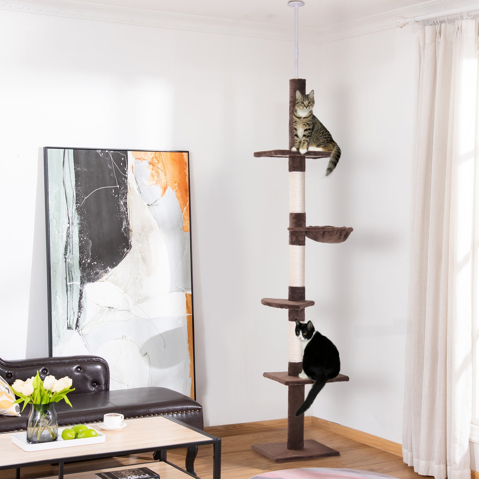 Floor to Ceiling Cat Tree for Indoor Cats 5-Tier Kitty Tower Climbing Activity Center Scratching Post Adjustable Height 230-260 cm Brown