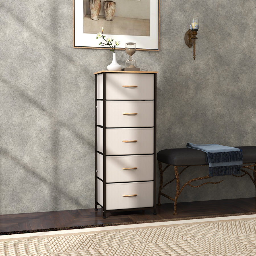 Fabric Chest of Drawers, Industrial Bedroom Dresser with 5 Fabric Drawers, Steel Frame and Wooden Top for Nursery, Living Room, Hallway, Cream White