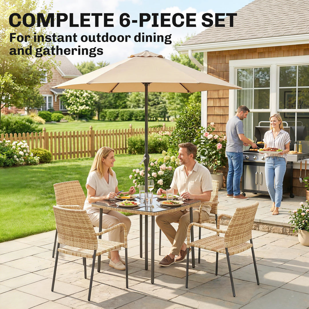 4 Seater Rattan Dining Set with Parasol, 6 Piece Garden Table and Stac