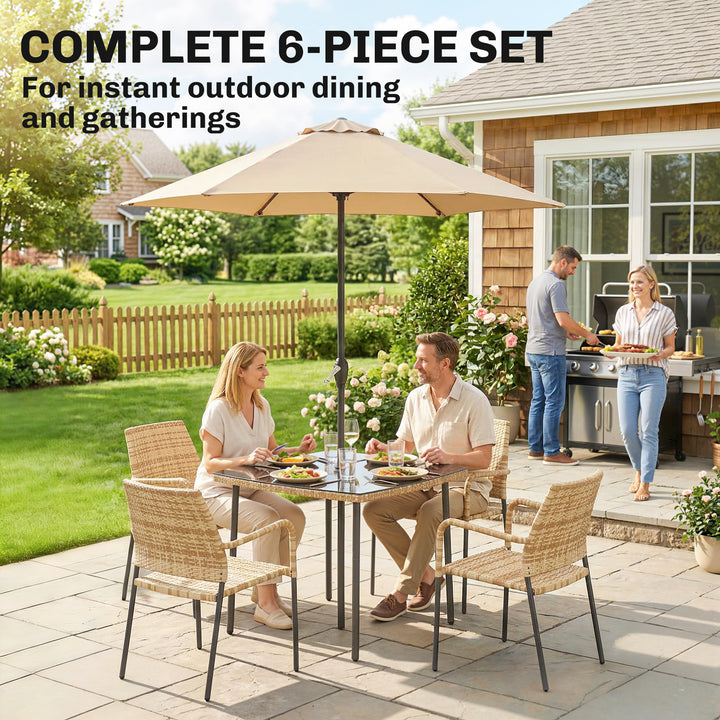 4 Seater Rattan Dining Set with Parasol, 6 Piece Garden Table and Stac