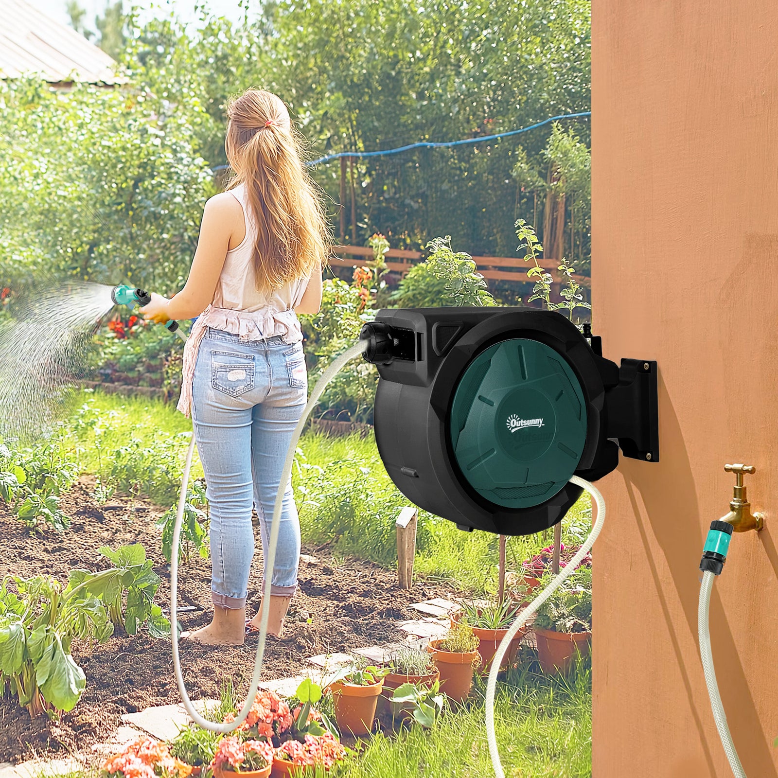 Retractable Hose Reel Wall Mounted, 30+2m Garden Hose Pipe Reel with L
