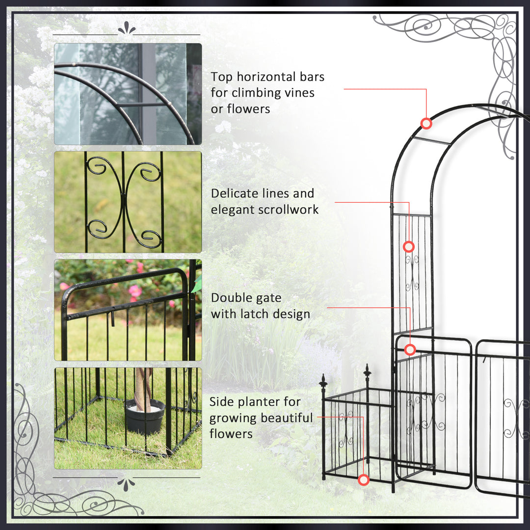 MCL Metal Garden Arbor Arch with Double Doors, 2 Side Planter Baskets, Climbing Vine Frame, Black
