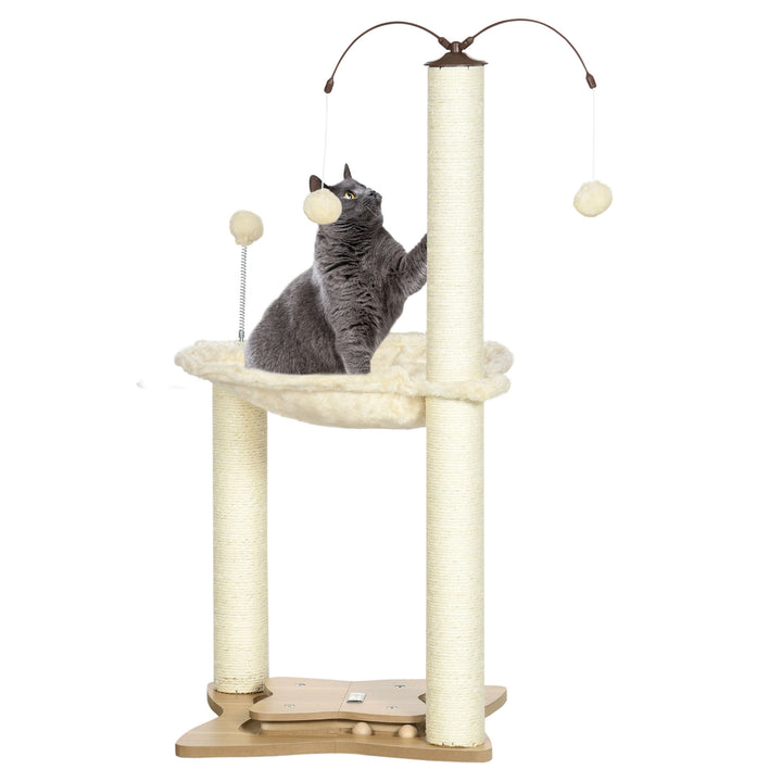 PawHut Cat Tree Indoor Kitten Play Tower, Sisal Scratching Posts with Hammock & Ball Toy, 53.5x53.5x90 cm, Beige | Aosom UK