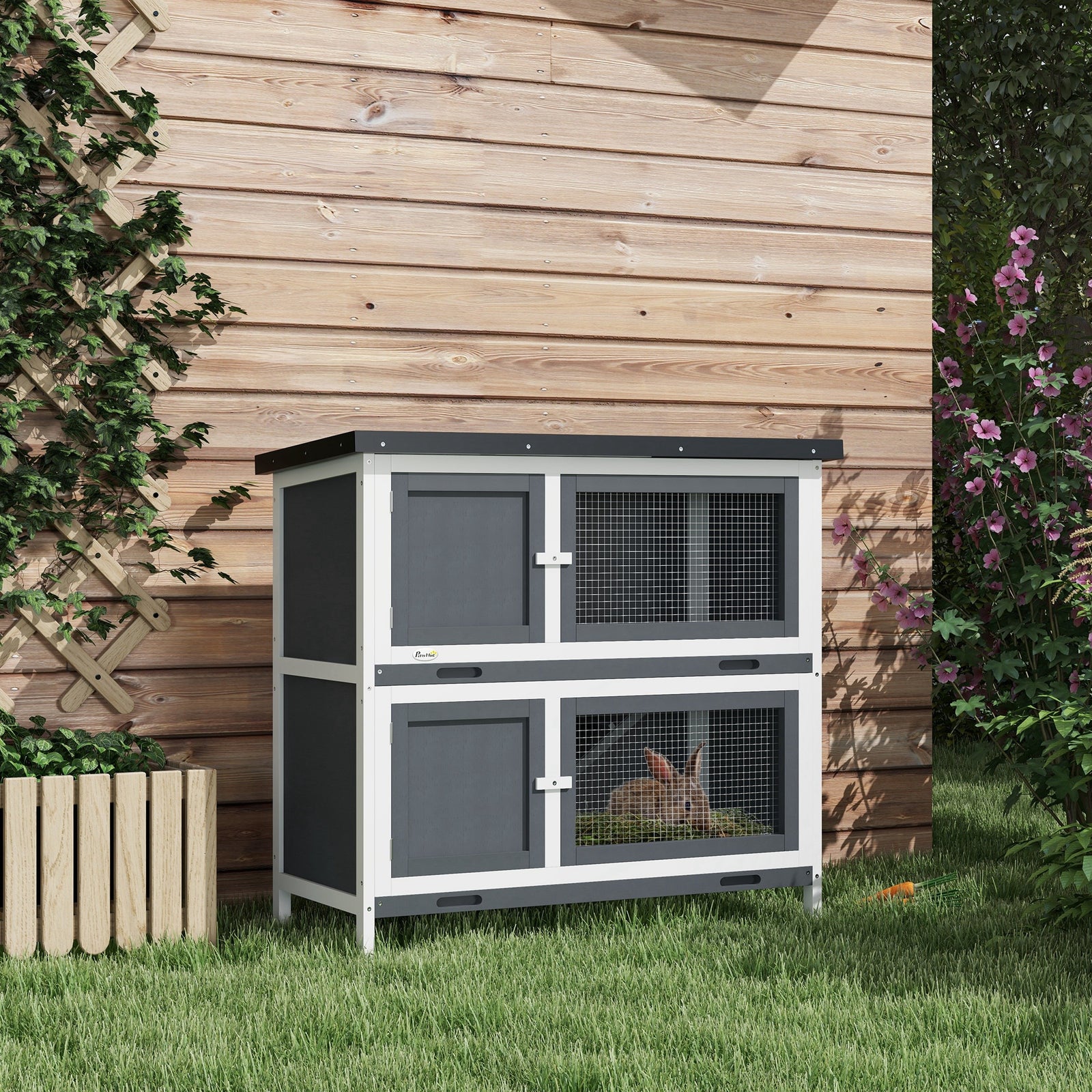 Double Decker Rabbit Hutch 2 Tier Guinea Pig House Pet Cage Outdoor with Sliding-out Tray, 100 x 47 x 91cm, Grey