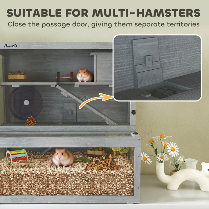 Wooden Hamster Cage with Hut, Wheel, Ramps, Removable Viewing Panels, 80 x 50 x 84 cm
