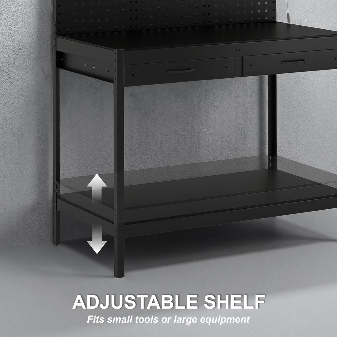 110 cm Workbench with Pegboard, Heavy Duty Work Table with Power Strip