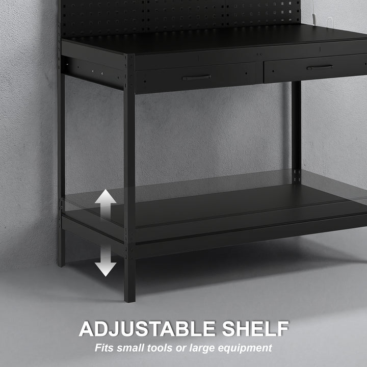 110 cm Workbench with Pegboard, Heavy Duty Work Table with Power Strip