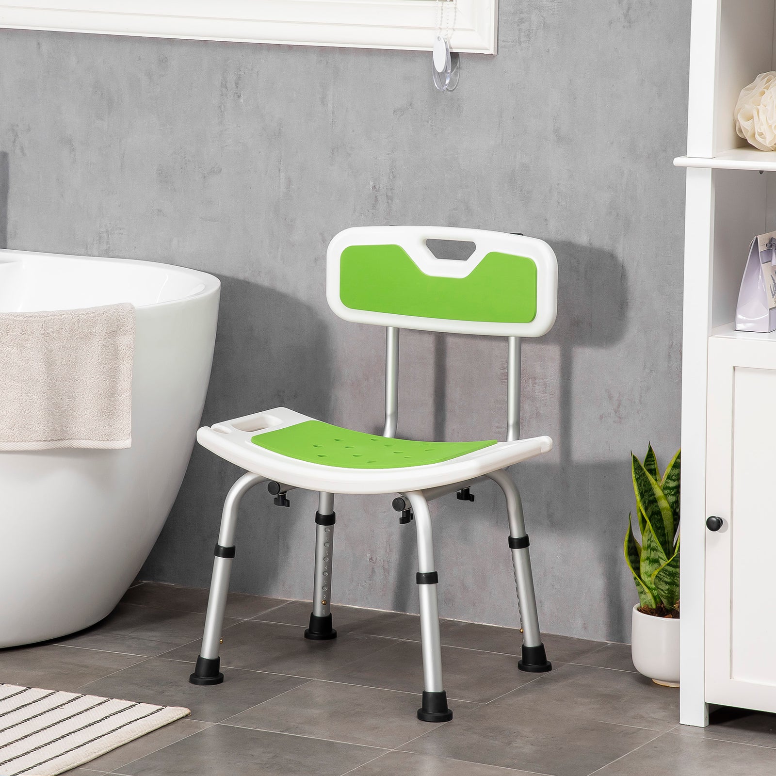 Shower Stool with Backrest, Height Adjustable Shower Chair with Anti-slip Foot Pads, Shower Head Holder, Green