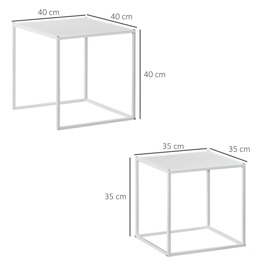 Square Nesting Coffee Table Set of 2, Modern Nest of Tables, Sofa Side Tables with Steel Frame for Living Room, Bedroom, Small Space, White