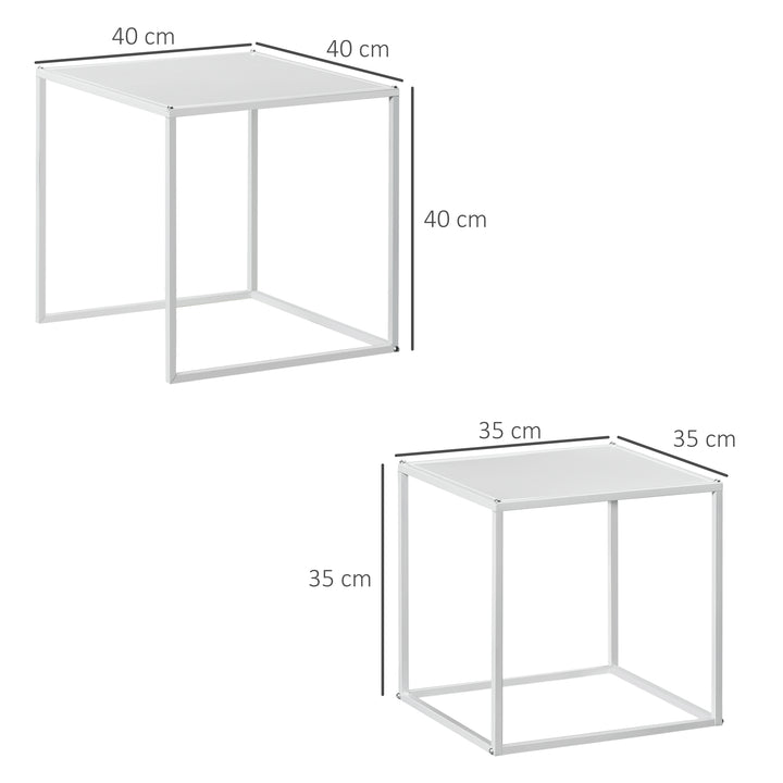 Square Nesting Coffee Table Set of 2, Modern Nest of Tables, Sofa Side Tables with Steel Frame for Living Room, Bedroom, Small Space, White