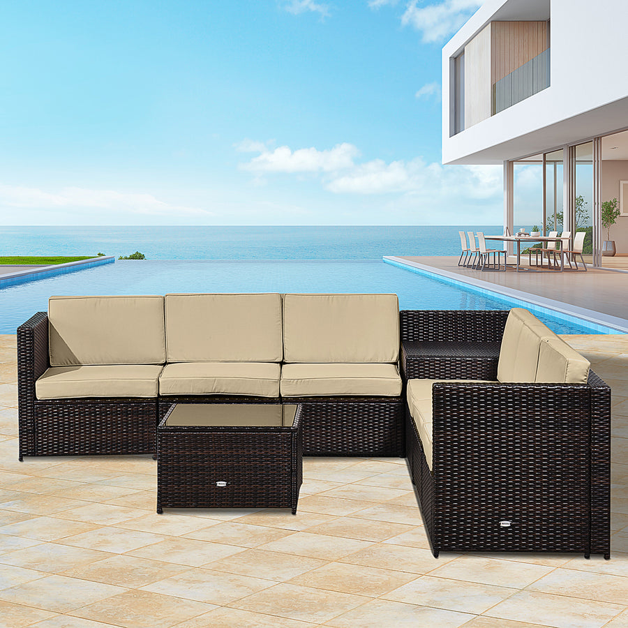 6-Seater Rattan Sofa Furniture Set W/Cushions, Steel Frame-Brown