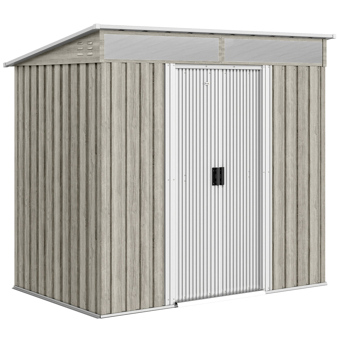 6.5 x 4FT Galvanised Metal Shed with Foundation Kit, Lockable Tool Garden Shed with Double Sliding Doors, Vents, Light Grey Wood Effect