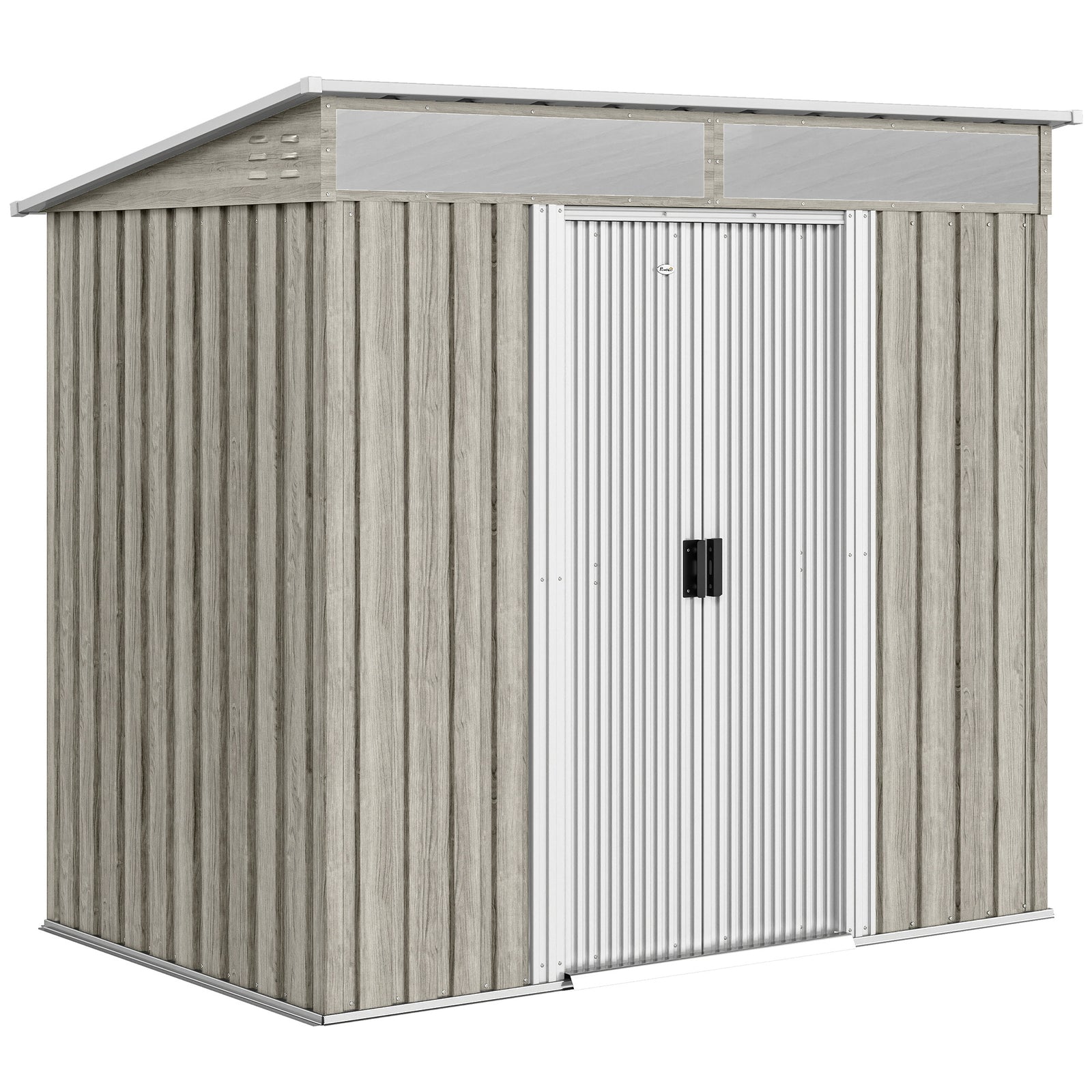 6.5 x 4FT Galvanised Metal Shed with Foundation Kit, Lockable Tool Garden Shed with Double Sliding Doors, Vents, Light Grey Wood Effect