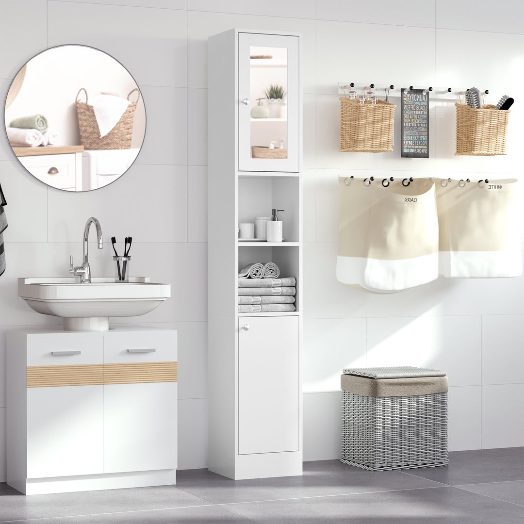 kleankin Free Standing Bathroom Cabinet with Mirror, Tallboy Unit with Adjustable Shelves, 30W x 28D x 180Hcm, White | Aosom UK