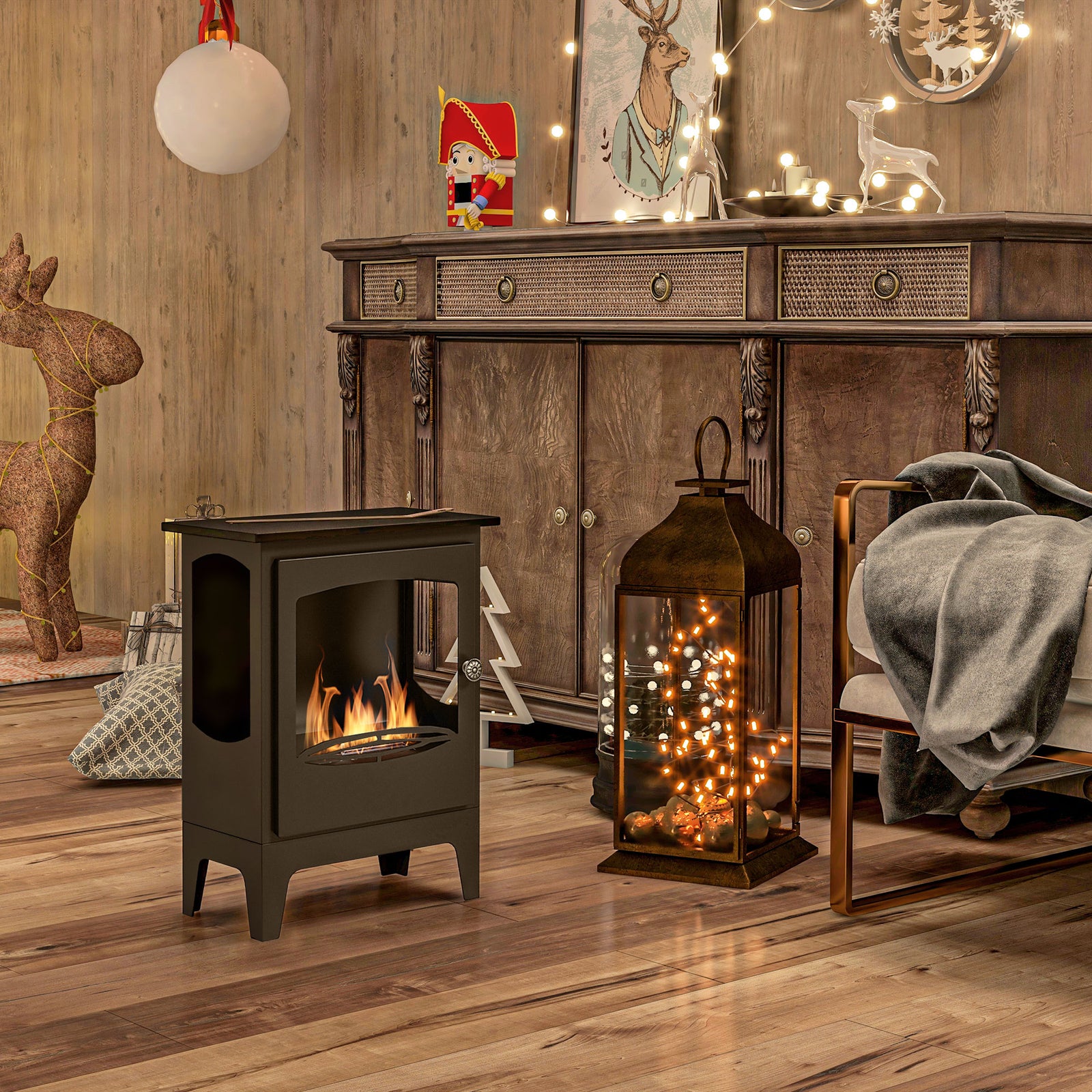 Freestanding Ethanol Fireplace, Steel Bioethanol Fireplace with Stainless Steel Flame Snuffer, 1.2L Tank, 3 Hours Burning Time for Indoor, Black