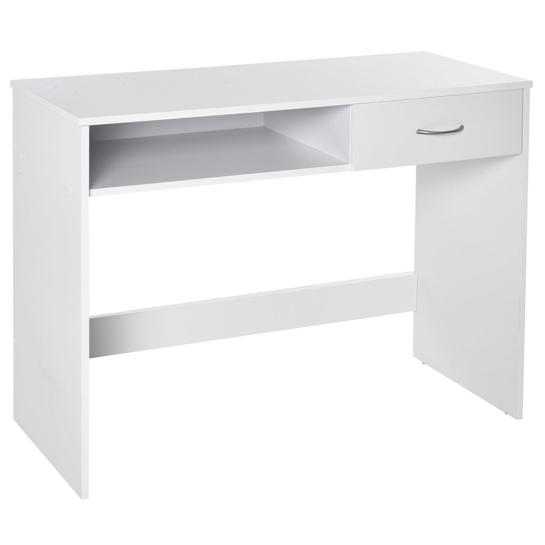 Compact Computer Desk, Study Table with Drawer and Storage Compartment, Writing Workstation, White