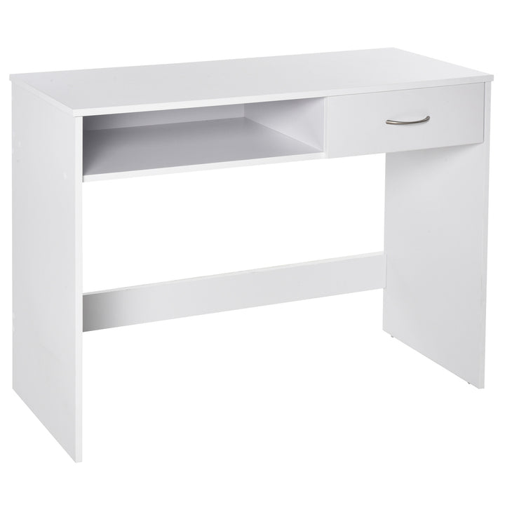 Compact Computer Desk, Study Table with Drawer and Storage Compartment, Writing Workstation, White