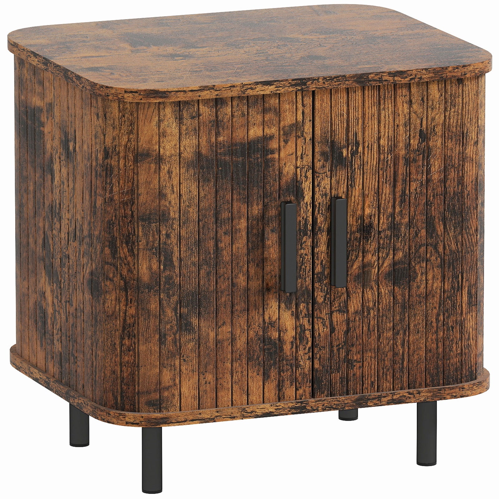 Bedside Table, Nordic Side Table with Roller Shutter Style Sliding Doors and Metal Legs for Bedroom, Living Room, Rustic Brown