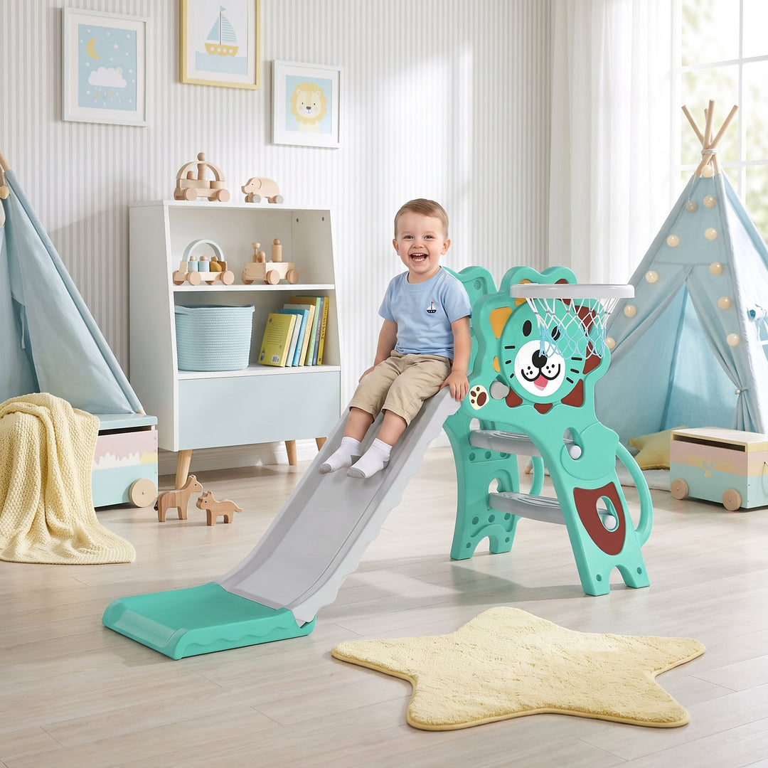 Baby Slide with Basketball Hoop, Climber, Easy to Assemble Kids Slide 