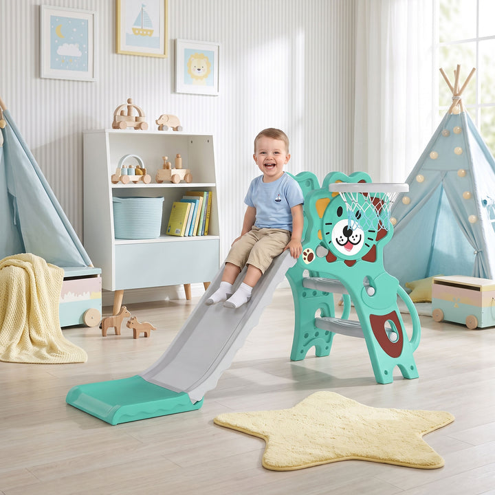 Baby Slide with Basketball Hoop, Climber, Easy to Assemble Kids Slide 