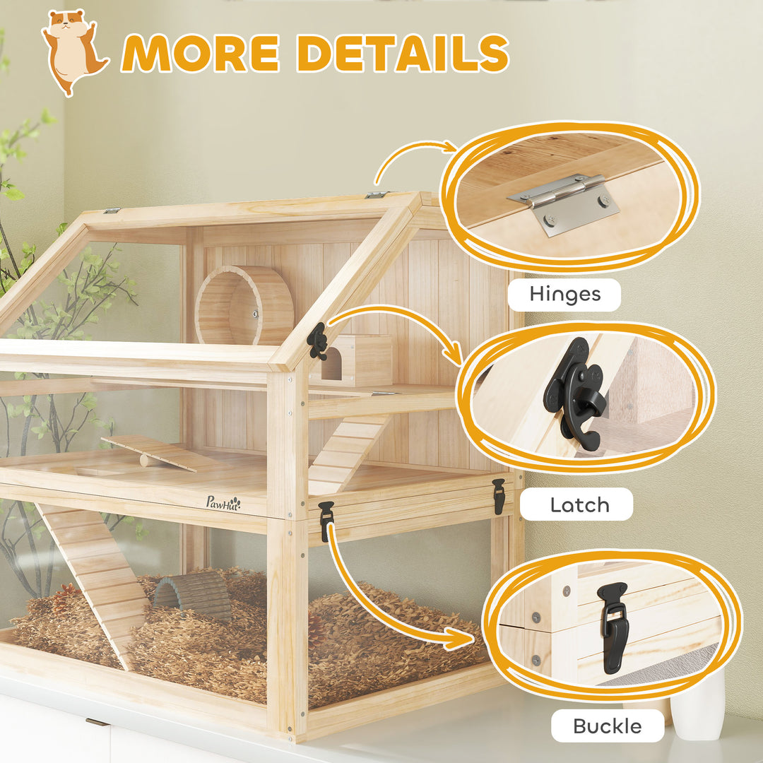 MCL Wooden Hamster Cage with Detachable 31cm Deep Bottom, Hut, Seesaw, Exercise Wheel, Ramp, 80 x 50 x 76cm, Natural