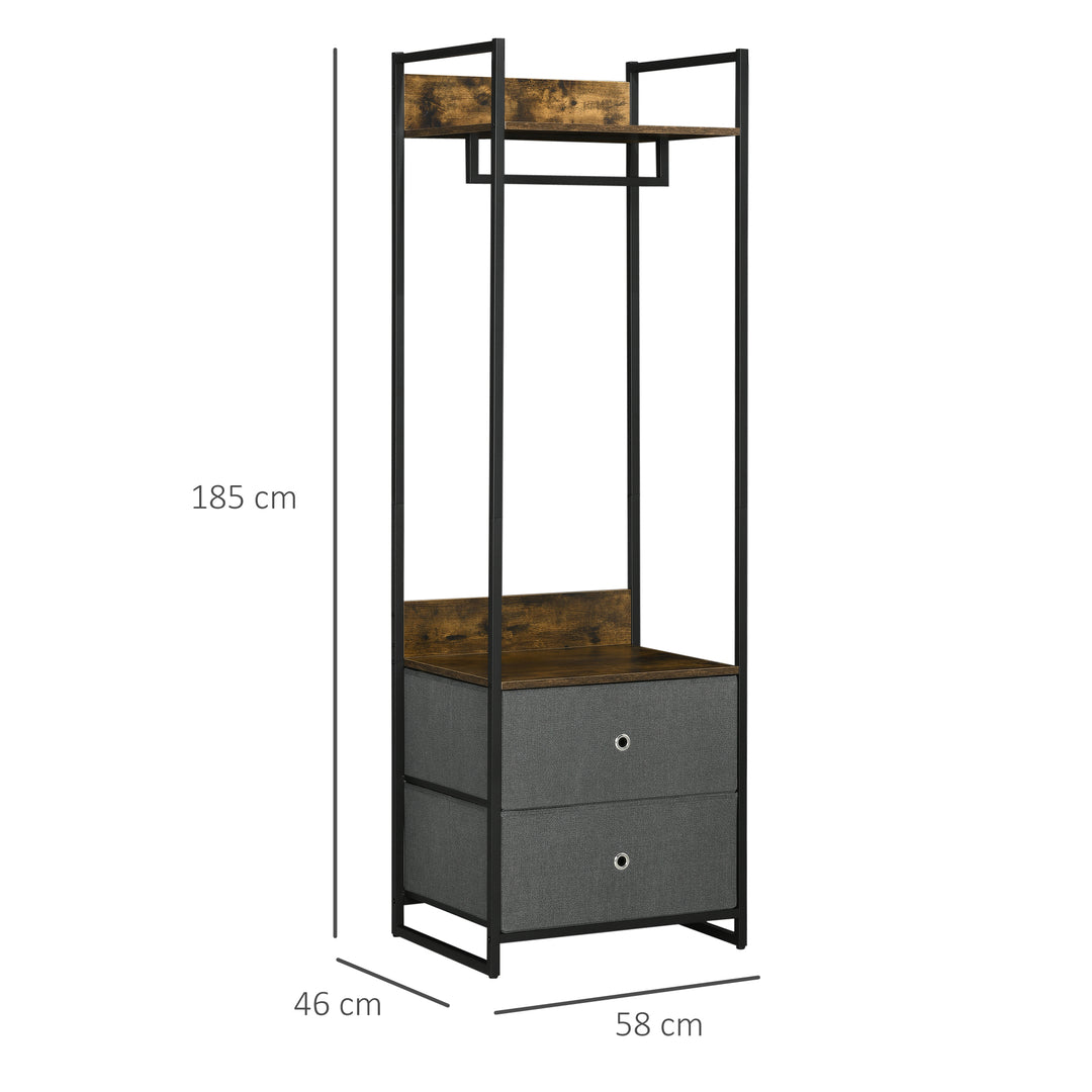 Clothes Rail, Metal Coat Stand, Garment Rack with 2 Fabric Storage Drawers, Single Wardrobe for Bedroom, Hallway, Rustic Brown and Grey