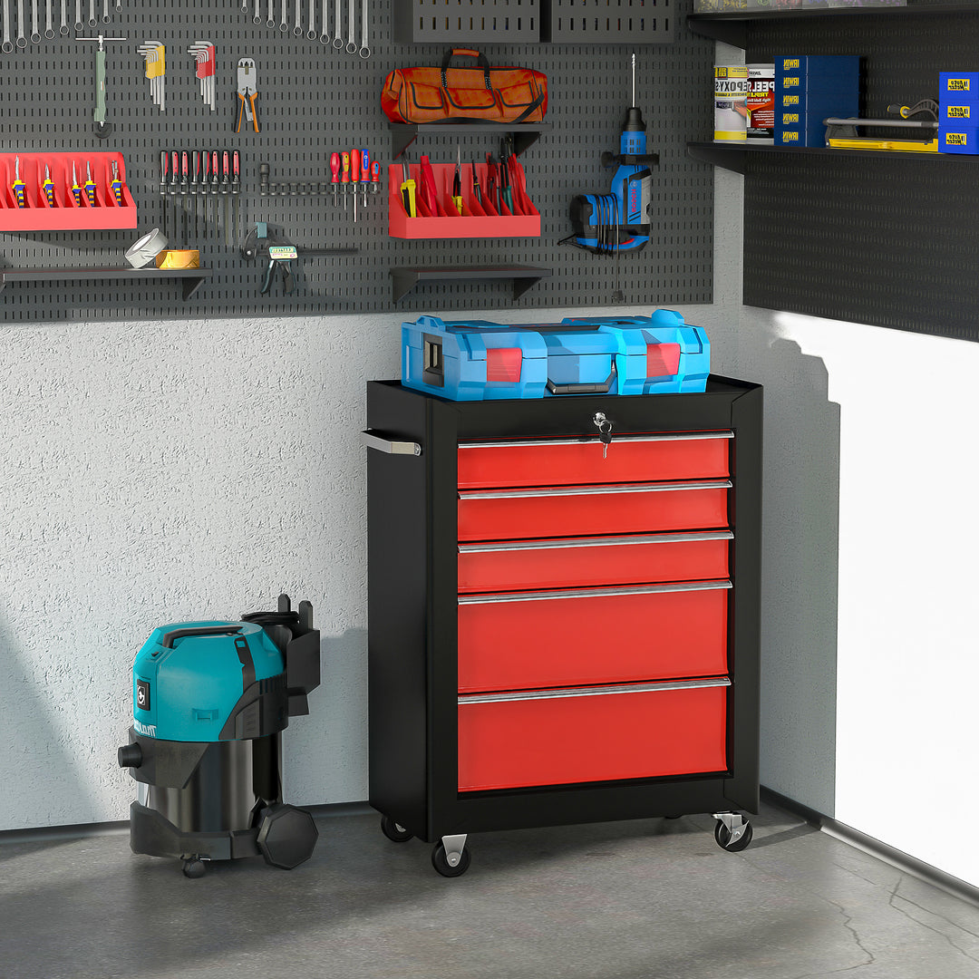 HOMCOM Tool Chest with 5 Drawers, Lockable Steel Storage Cabinet on Wheels with Handle, Red, for Garages & Workshops | Aosom UK