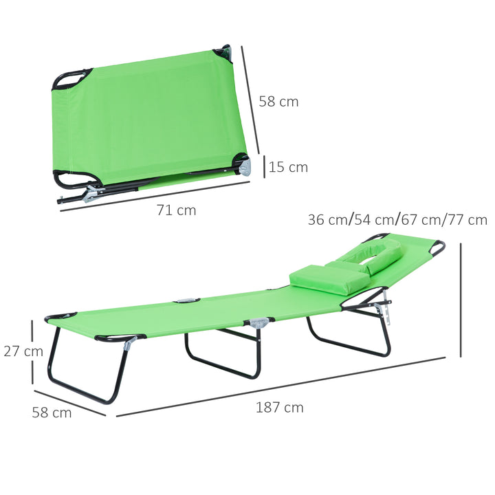 Outsunny Foldable Sun Lounger, Reclining Chair with Pillow and Reading Hole, Garden Beach Outdoor Recliner, Adjustable, Green