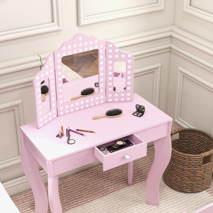 AIYAPLAY Kids Dressing Table Sets with Stool and Tri-Fold Mirror, Drawer for Playroom, Bedroom - Pink | Aosom UK