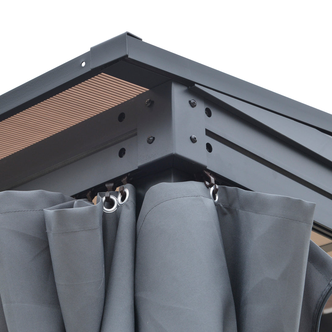 MCL 4 x 3(m) Outdoor Hardtop Gazebo with Curtains, Lean to Aluminium Pergola with Polycarbonate Roof, Garden Pavilion Sun Shade Shelter, Grey