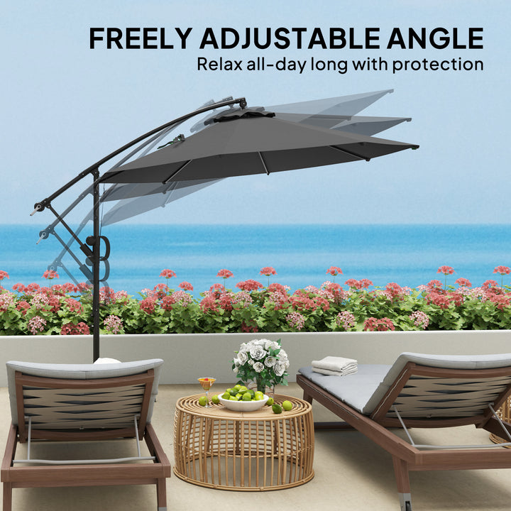 3(m) Garden Cantilever Parasol with Cover and Wind Protection Strap, Round Overhanging Umbrella with Crank Handle and Tilt, Banana Patio Umbrella for Outdoor Sun Shade, UPF50+, Grey