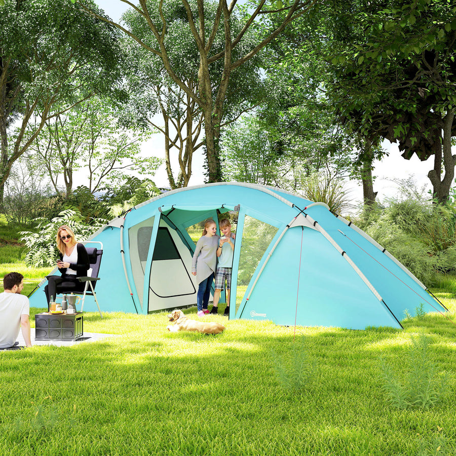 4-6 Man Family Camping Tent w/ 2 Bedrooms and a Living Room, Waterproof Tunnel Tent w/ Sewn In Groundsheet, Doors, Windows, Carry Bag, Blue