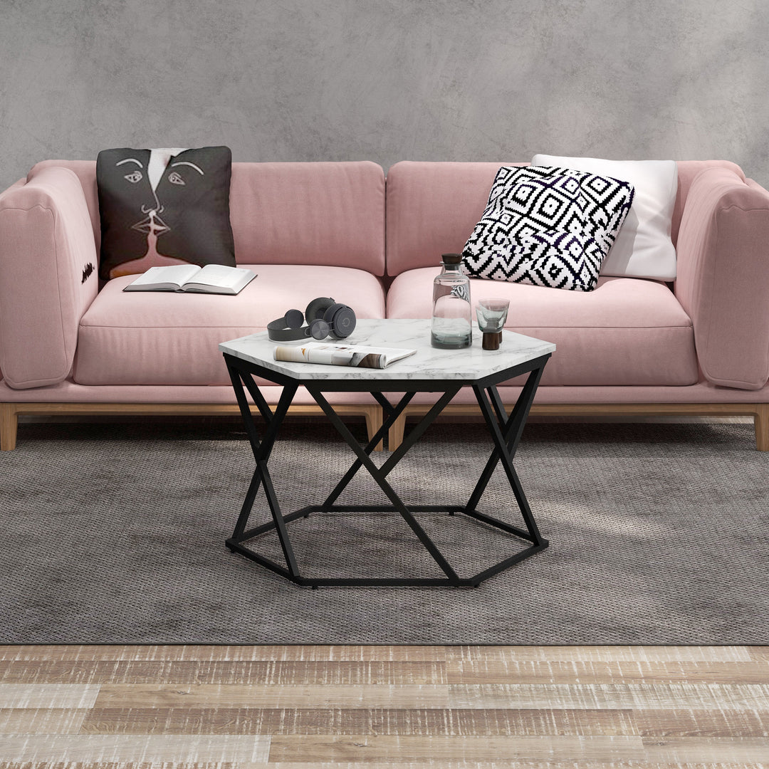 Hexagonal Coffee Table with High Gloss Marble Effect Table Top, Modern Cocktail Table with Steel Frame for Living Room, White