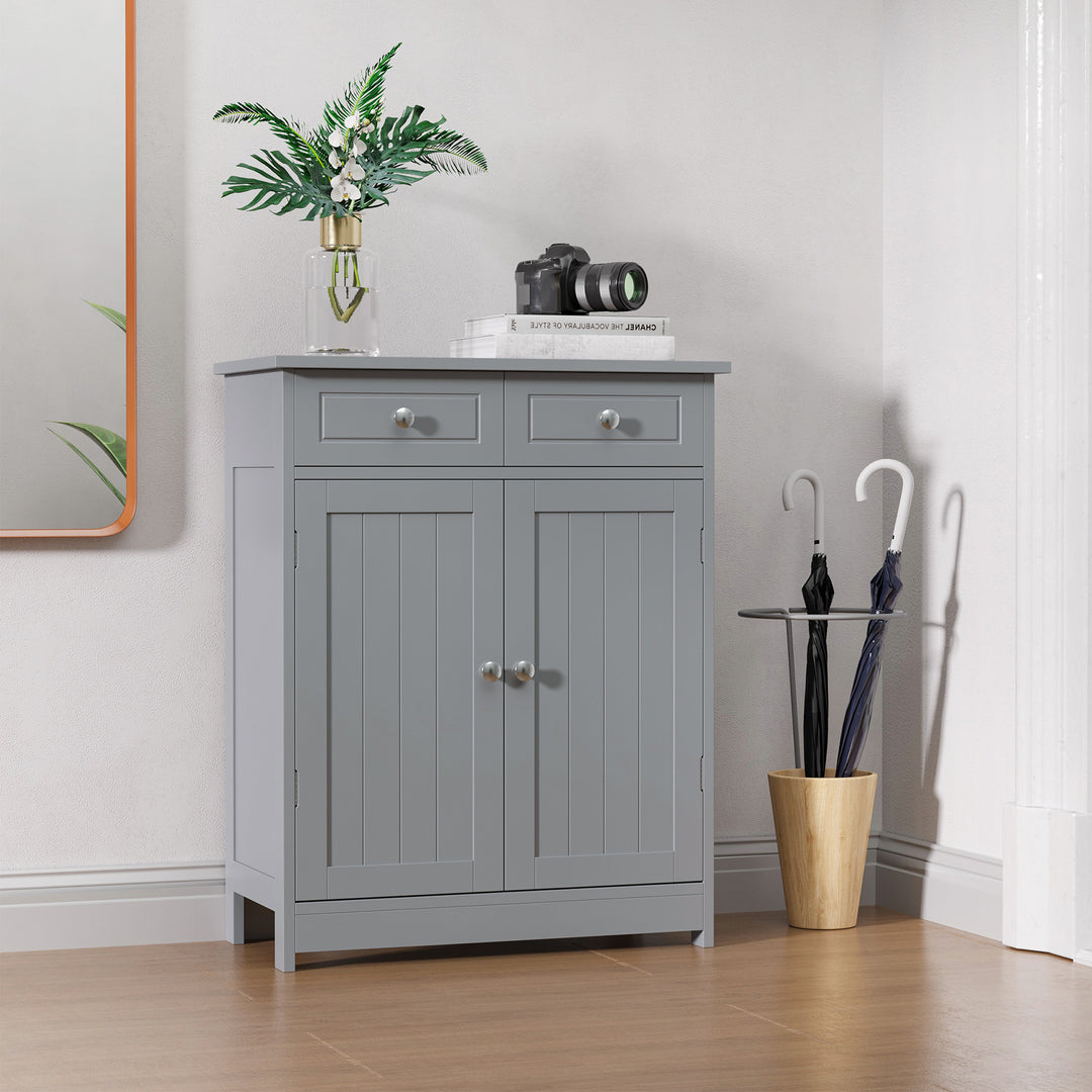75x60cm Freestanding Bathroom Storage Cabinet Unit w/ 2 Drawers Cupboard Adjustable Shelf Metal Handles Traditional Style Grey
