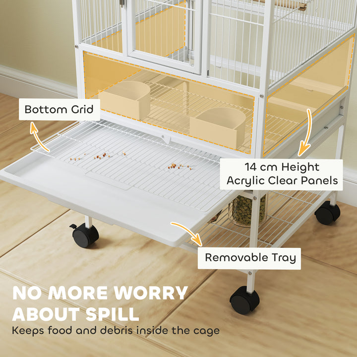 Bird Cage with Rolling Stand, Acrylic Viewing Panels, Storage Shelf, for Budgie, Parakeet, 48 x 46 x 83 cm