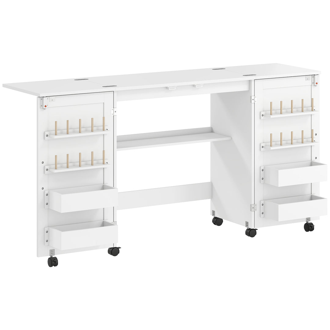 Folding Sewing Table with 2 Magnetic Doors, Storage Shelf, Lockable Wh