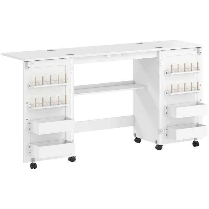 Folding Sewing Table with 2 Magnetic Doors, Storage Shelf, Lockable Wh