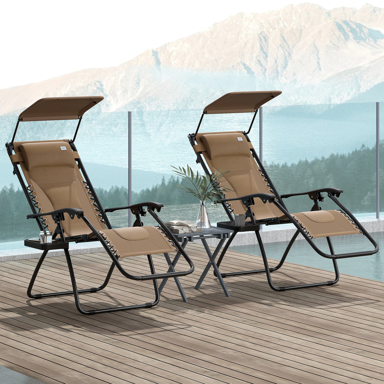 Zero Gravity Lounger Chair Set of 2, Folding Reclining Patio Chair with Shade Cover, Cup Holder, Soft Cushion and Headrest for Poolside, Camping, Coffee
