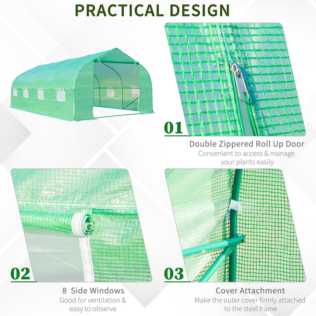 Outsunny 6 x 3 m Large Walk-In Greenhouse Garden Polytunnel Greenhouse w/ Metal Frame, Zippered Door and Roll Up Windows, Green