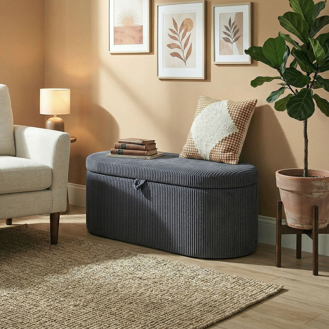 Storage Ottoman, Corduroy Upholstered Ottoman Storage Box with Padded 