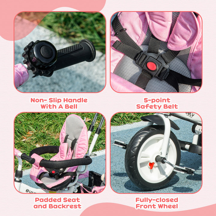 HOMCOM 4 in 1 Kids Trike Push Bike w/ Push Handle, Canopy, 5-point Safety Belt, Storage, Footrest, Brake, for 1-5 Years, Pink