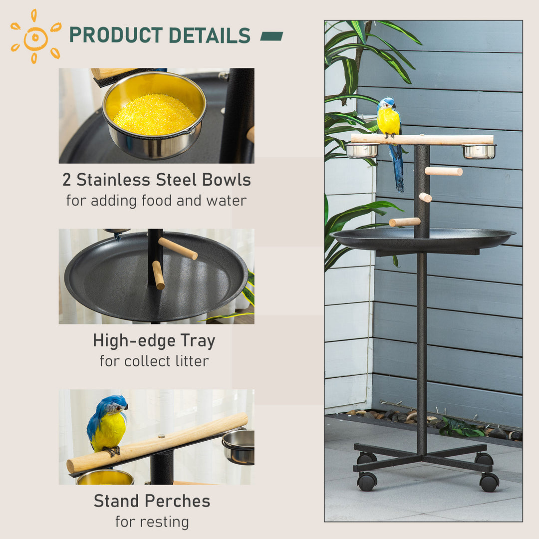MCL Parrot Perch Stand, Large Bird Play Stand, Metal Bird Table Feeder Station with Stainless Steel Bowls, Four Wheels, Round Tray, Black