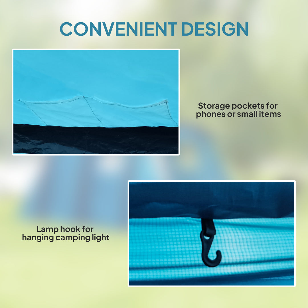 Inflatable 3-4 Man Tunnel Tent w/ Air Pump, Living Area & Vestibule, Waterproof Family Camping Air Tent w/ Sewn In Groundsheet & Removable Footprint for Camping, Hiking, Blue