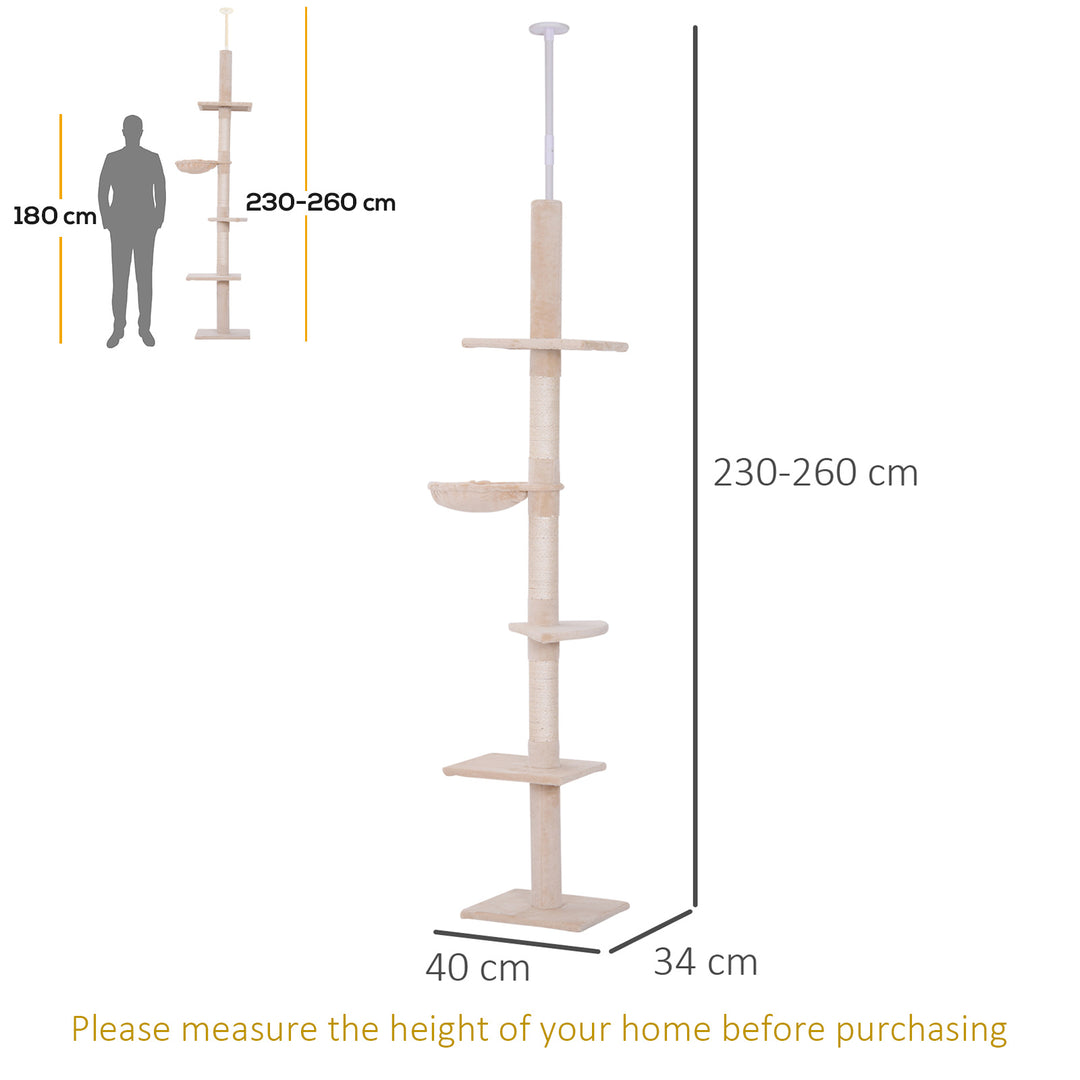 MCL Floor to Ceiling Cat Tree Height Adjustable 230-260cm, 5-Tier Cat Tower with Scratching Post, Hammock, Perches, Climbing Activity Centre for Indoor Kittens, Beige