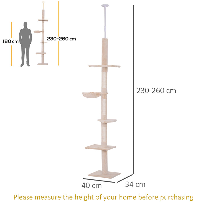 MCL Floor to Ceiling Cat Tree Height Adjustable 230-260cm, 5-Tier Cat Tower with Scratching Post, Hammock, Perches, Climbing Activity Centre for Indoor Kittens, Beige