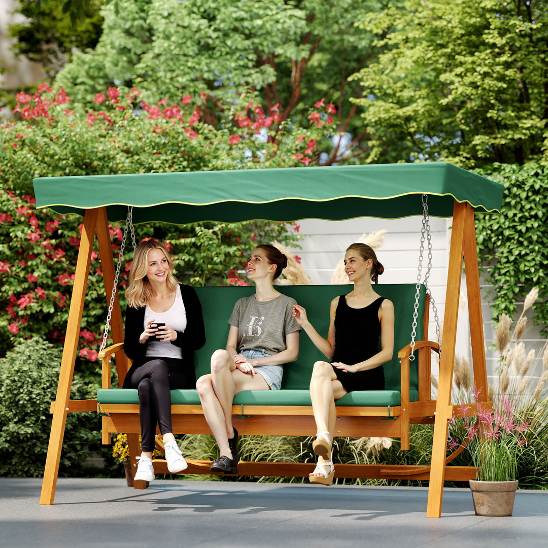 3 Seater 2-in-1 Wooden Garden Swing Seat Swing Chair Outdoor Convertible Hammock Bench Furniture Lounger Bed Wood, Dark Green
