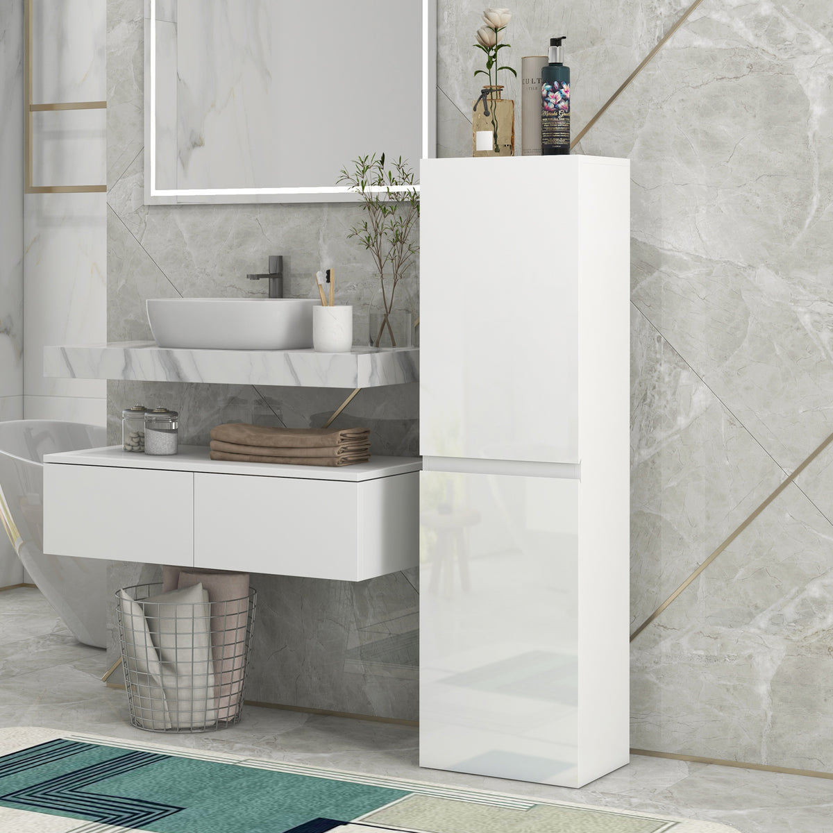 Bathroom Storage Unit, Tall Bathroom Cabinet with 2 Cupboards and - view 2