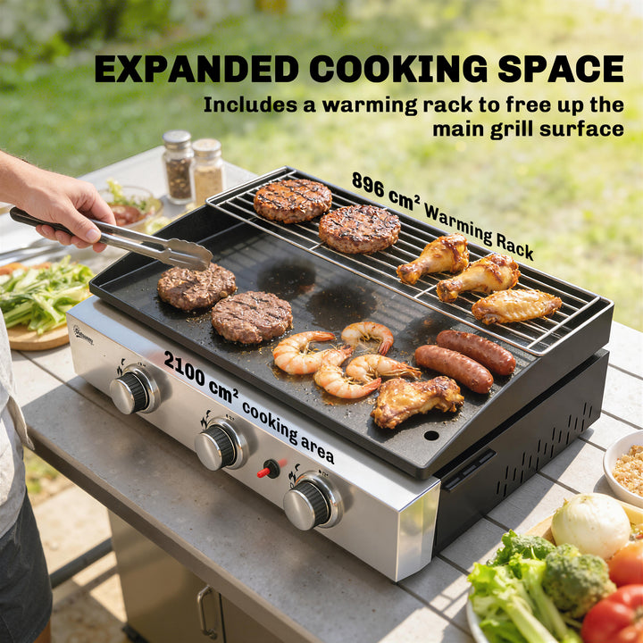 3 Burner Grill Griddle, Portable Gas Plancha with Warming Rack, 7.5 kW