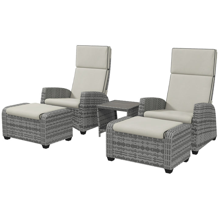 Outsunny 5-Piece Rattan Patio Reclining Chair Set with Footstools, Coffee Table, Cushions, for Outdoor Garden, Grey