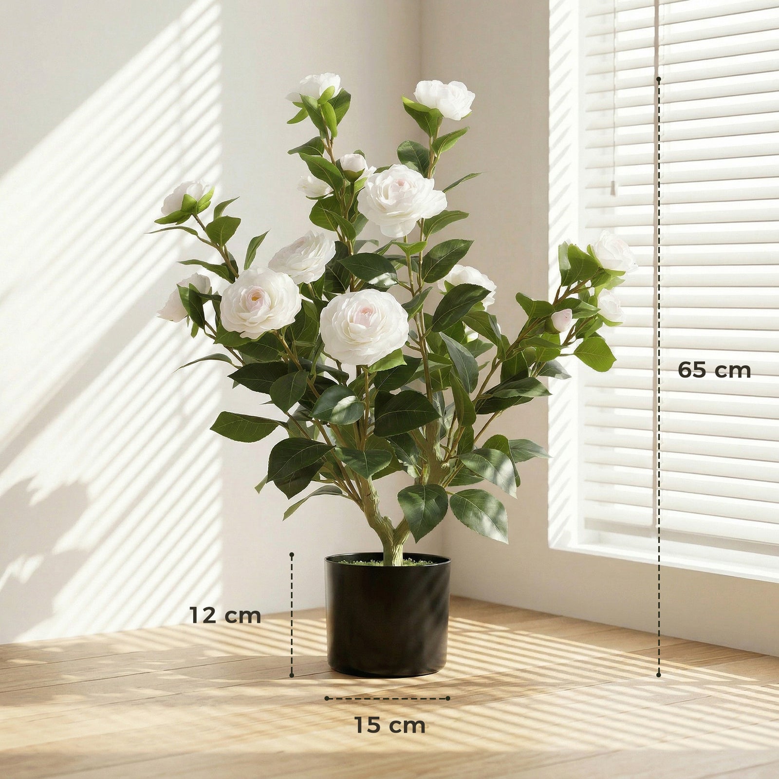 65cm Artificial Camellia Flower Plant in Pot with 116 Lush Leaves & Mo